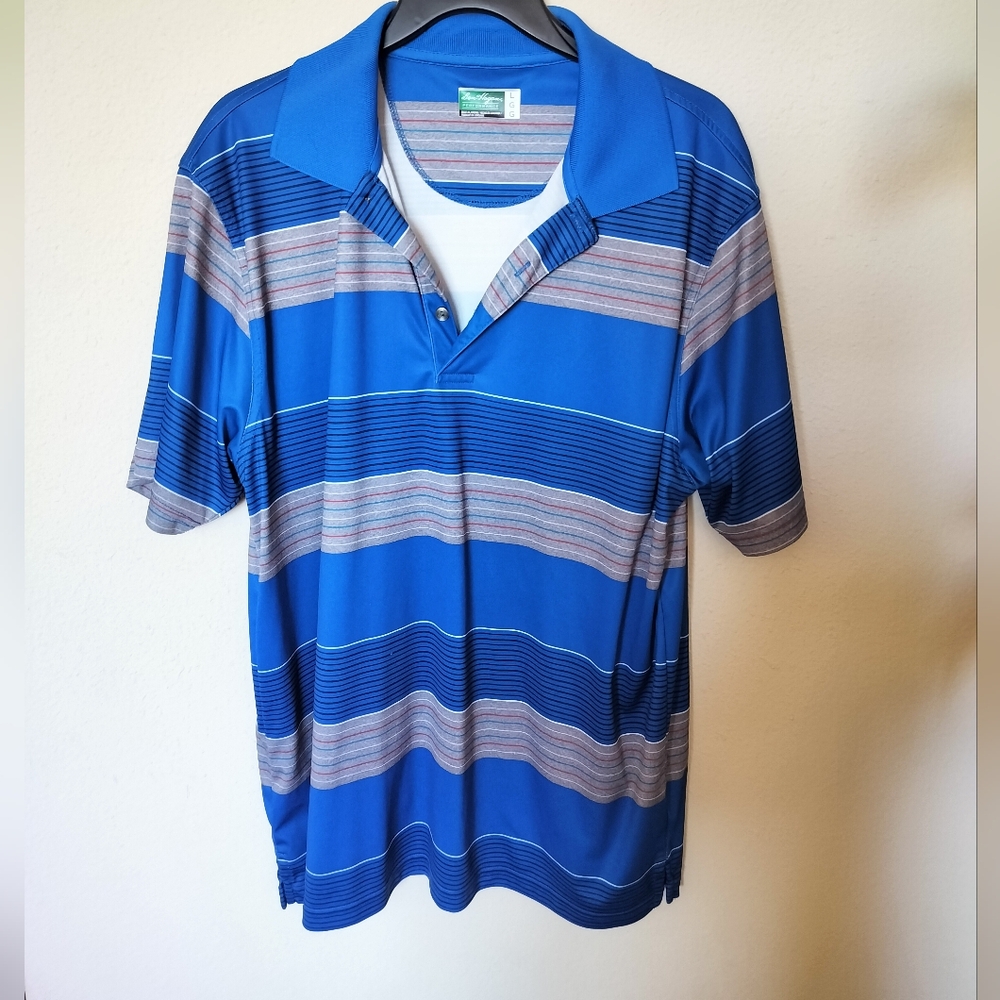 Ben Hogan performance men's polo t shirt tee size L blue striped athleisure golf